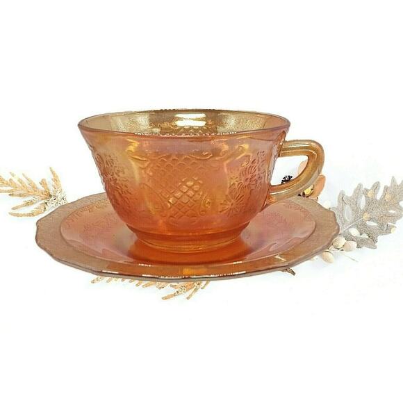 Vintage Carnival Glass Cup Saucer Marigold Amber Floral Lattice MCM Decor VTG - Picture 5 of 12